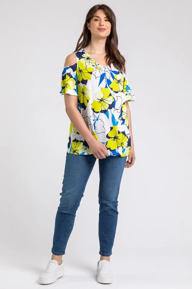 Lime Curve Floral VNeck Cold Shoulder Tunic Top Women Roman Tops