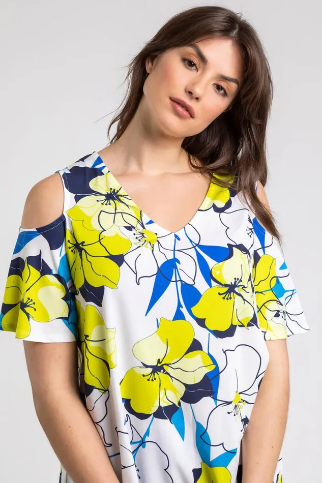 Lime Curve Floral VNeck Cold Shoulder Tunic Top Women Roman Tops
