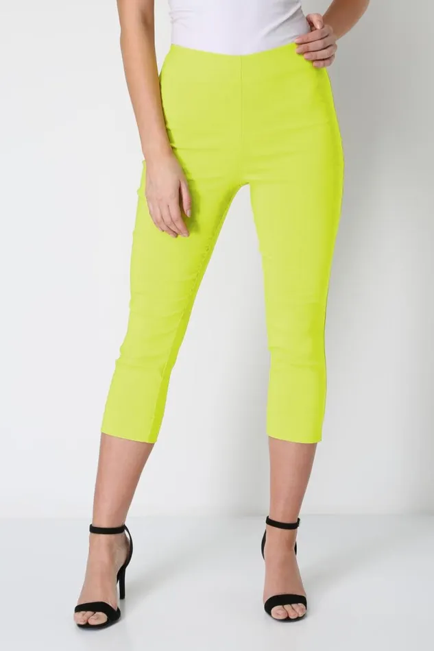 Lime Elastic Waist Stretch Cropped Trousers Women Roman Trousers