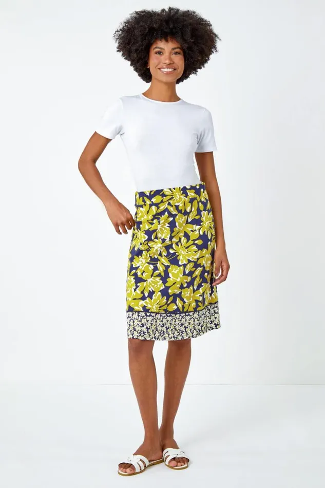 Lime Floral Cotton Blend Elastic Waist A Line Skirt Women Roman Skirts
