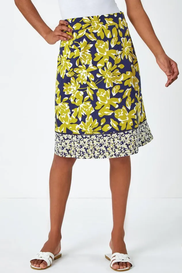 Lime Floral Cotton Blend Elastic Waist A Line Skirt Women Roman Skirts
