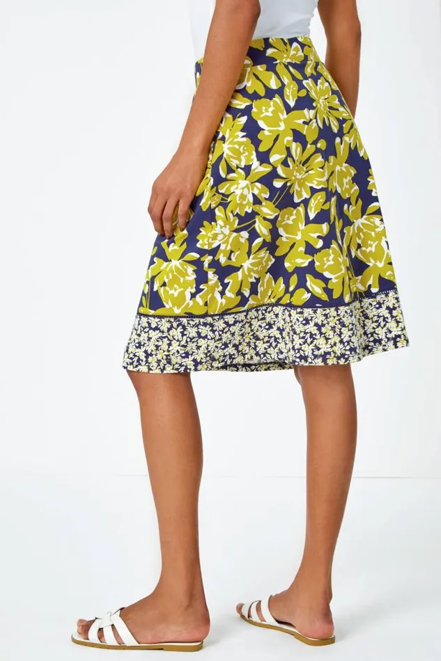 Lime Floral Cotton Blend Elastic Waist A Line Skirt Women Roman Skirts