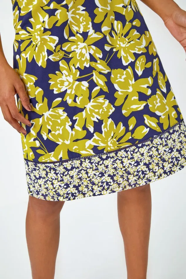 Lime Floral Cotton Blend Elastic Waist A Line Skirt Women Roman Skirts