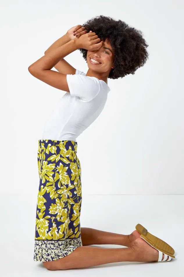 Lime Floral Cotton Blend Elastic Waist A Line Skirt Women Roman Skirts