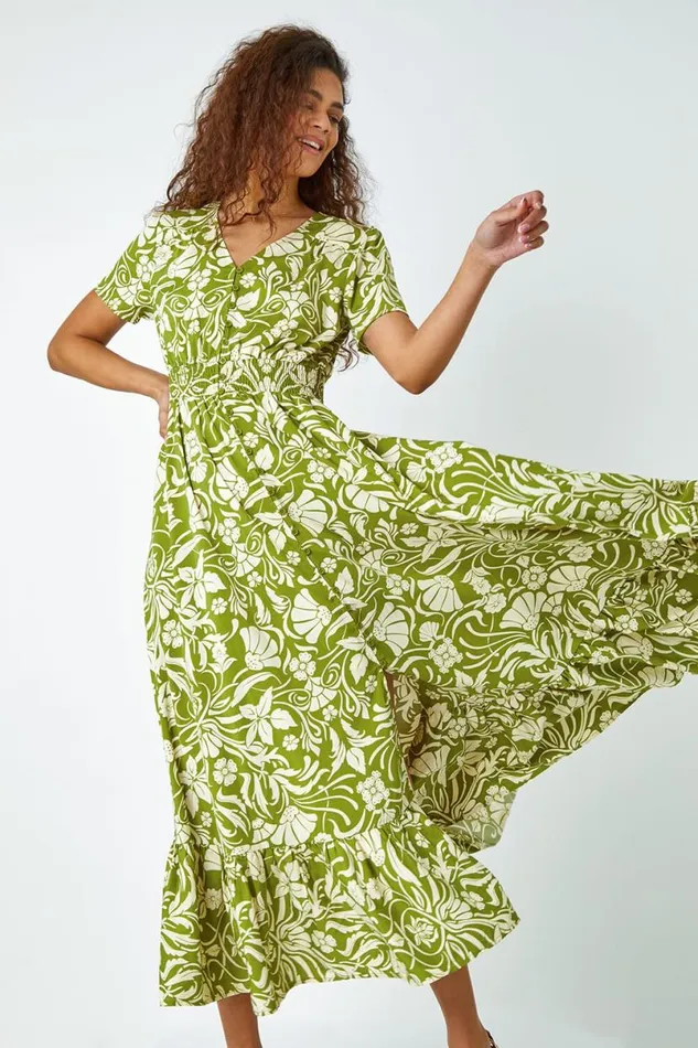 Lime Floral Print Button Detail Maxi Dress Women Roman Dresses