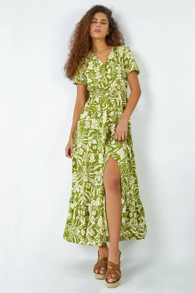 Lime Floral Print Button Detail Maxi Dress Women Roman Dresses