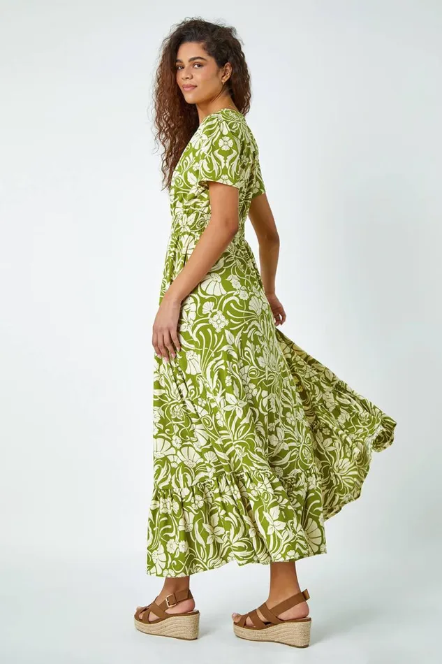 Lime Floral Print Button Detail Maxi Dress Women Roman Dresses