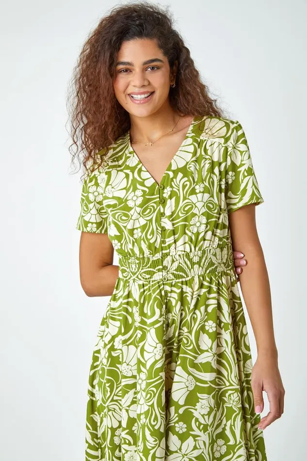 Lime Floral Print Button Detail Maxi Dress Women Roman Dresses