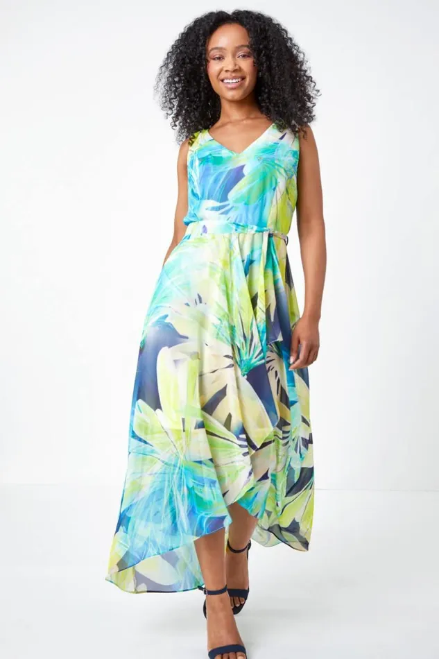 Lime Petite Sleeveless Floral Chiffon Maxi Dress Women Roman Dresses