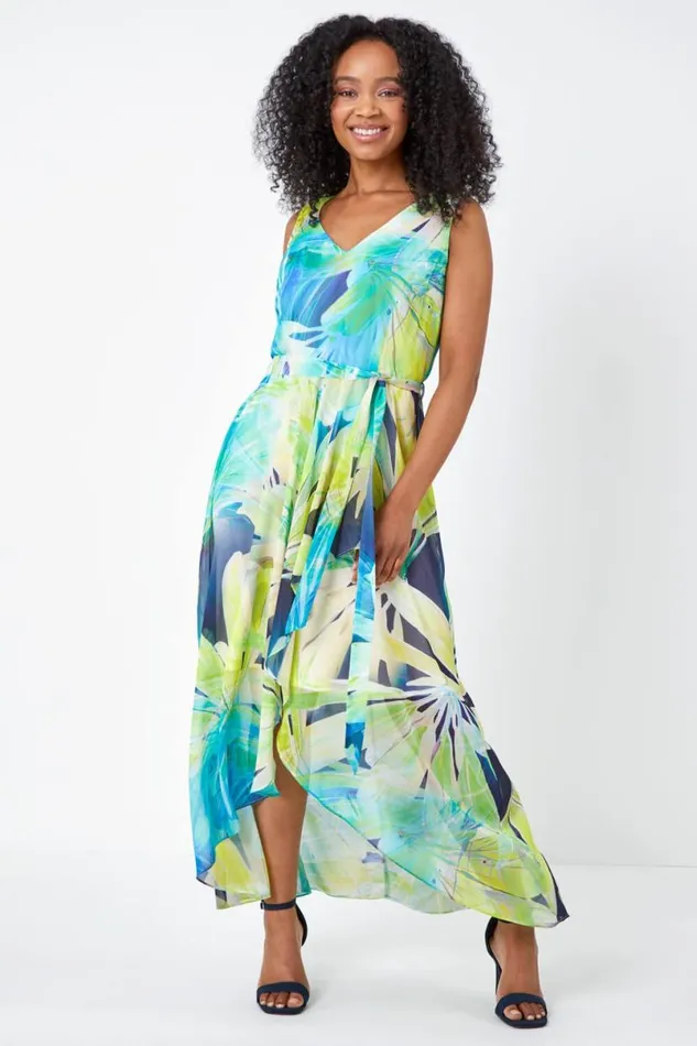 Lime Petite Sleeveless Floral Chiffon Maxi Dress Women Roman Dresses