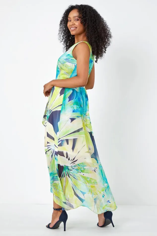 Lime Petite Sleeveless Floral Chiffon Maxi Dress Women Roman Dresses