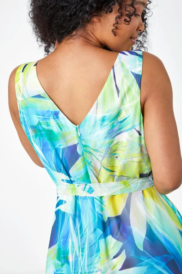 Lime Petite Sleeveless Floral Chiffon Maxi Dress Women Roman Dresses