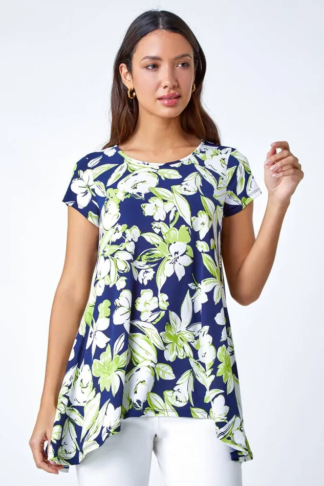 Lime Textured Floral Stretch Hanky Hem Top Women Roman Tops