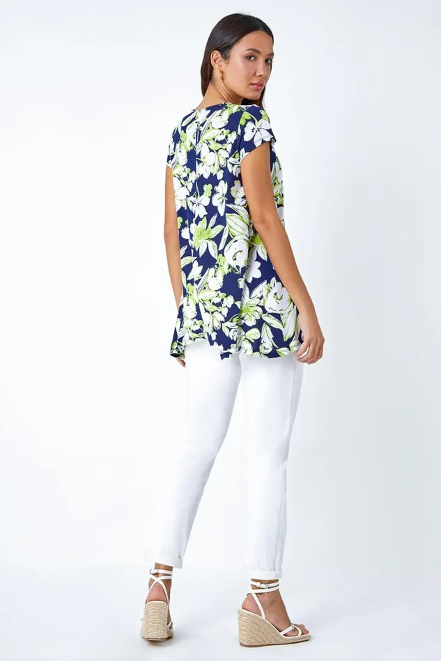 Lime Textured Floral Stretch Hanky Hem Top Women Roman Tops