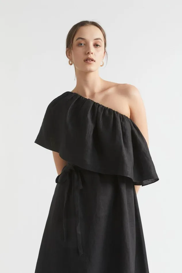 Linen Woman Seed Heritage Linen One Shoulder Maxi Dress Black