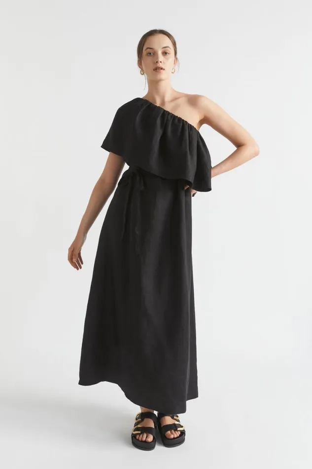 Linen Woman Seed Heritage Linen One Shoulder Maxi Dress Black