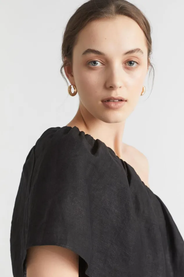 Linen Woman Seed Heritage Linen One Shoulder Maxi Dress Black