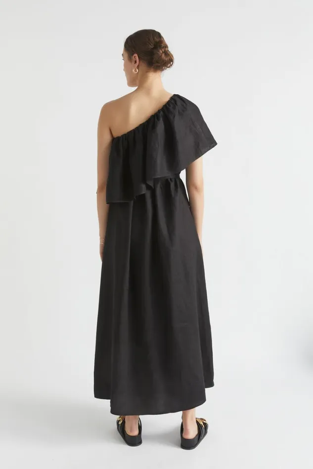 Linen Woman Seed Heritage Linen One Shoulder Maxi Dress Black