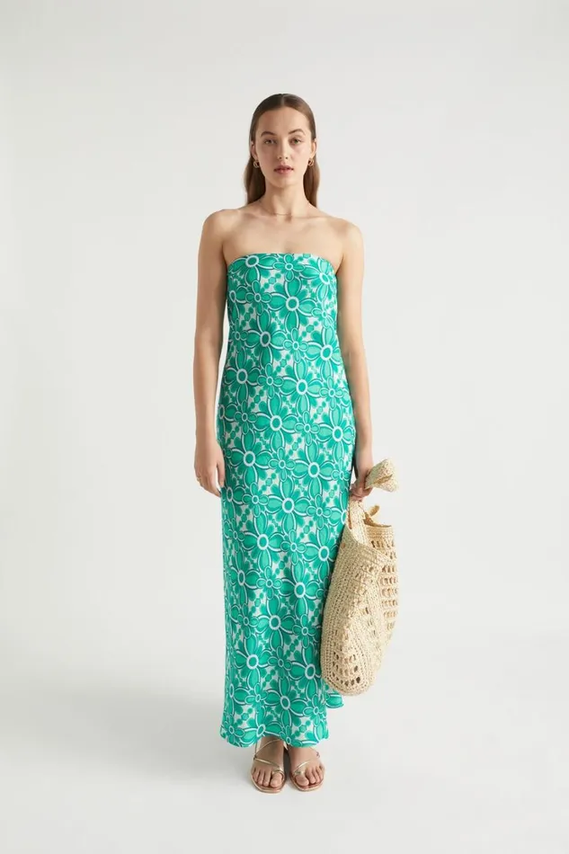 Linen Woman Seed Heritage Linen Strapless Maxi Dress Jade Green Retro