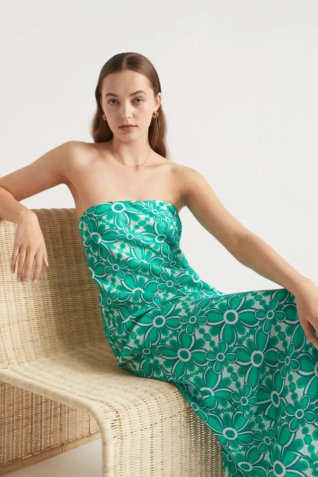Linen Woman Seed Heritage Linen Strapless Maxi Dress Jade Green Retro