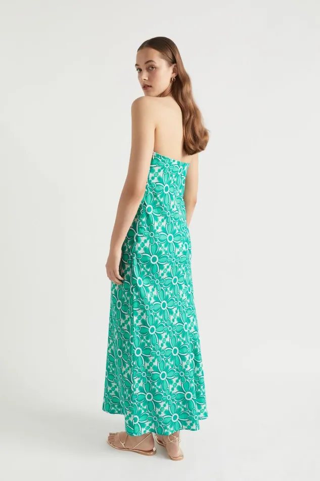 Linen Woman Seed Heritage Linen Strapless Maxi Dress Jade Green Retro