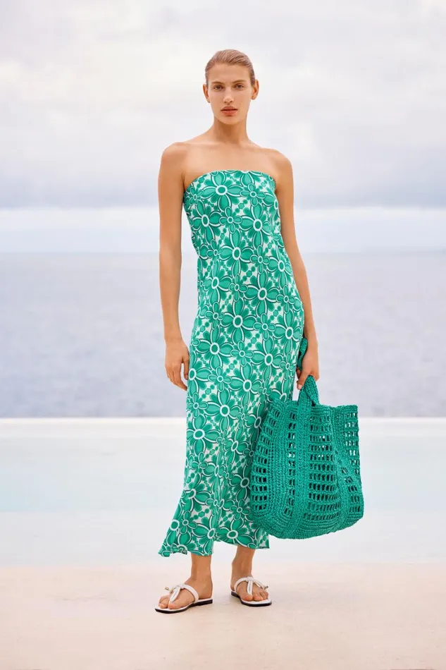 Linen Woman Seed Heritage Linen Strapless Maxi Dress Jade Green Retro