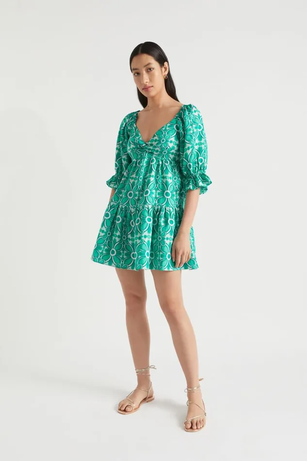 Linen Woman Seed Heritage Linen Sweetheart Mini Dress Jade Green Retro