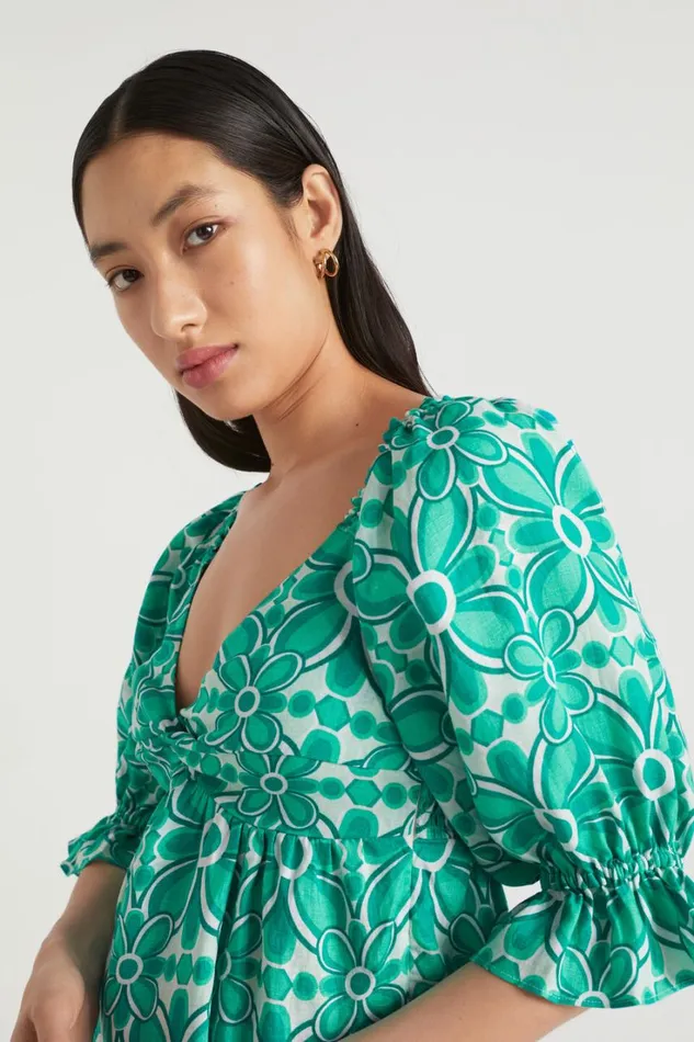 Linen Woman Seed Heritage Linen Sweetheart Mini Dress Jade Green Retro