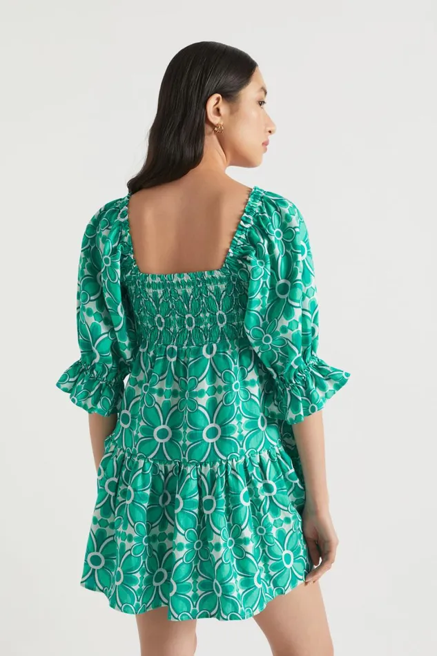 Linen Woman Seed Heritage Linen Sweetheart Mini Dress Jade Green Retro
