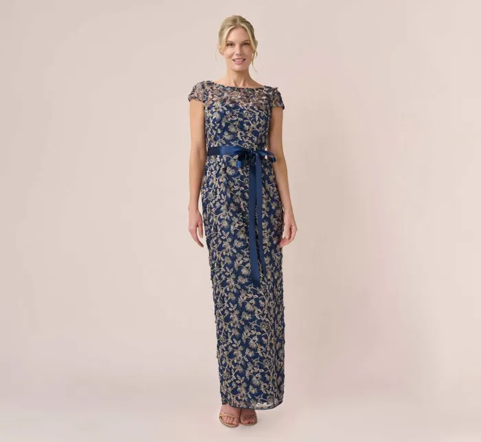 Long Dresses Womens Adrianna Papell 3D Metallic Floral Embroidered Mesh Column Gown In Navy Rosegold Long Dresses Womens Adrianna Papell 3D Metallic Floral Embroidered Mesh Column Gown In Navy Rosegold