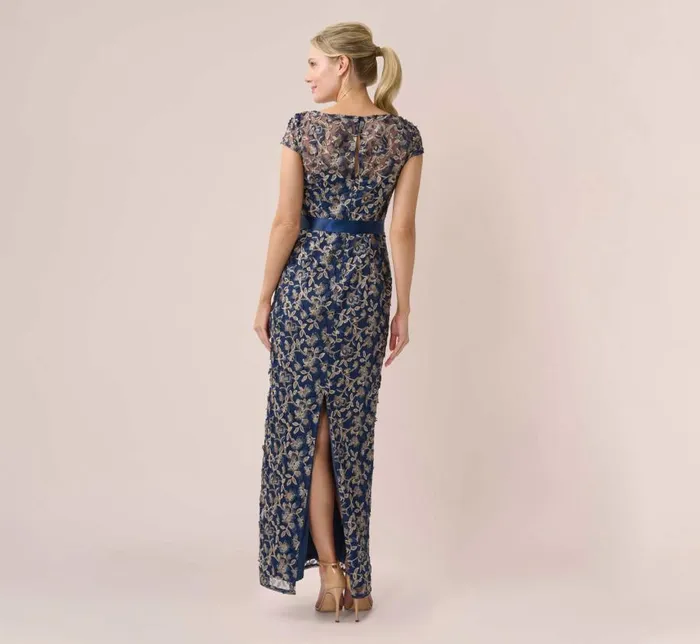 Long Dresses Womens Adrianna Papell 3D Metallic Floral Embroidered Mesh Column Gown In Navy Rosegold
