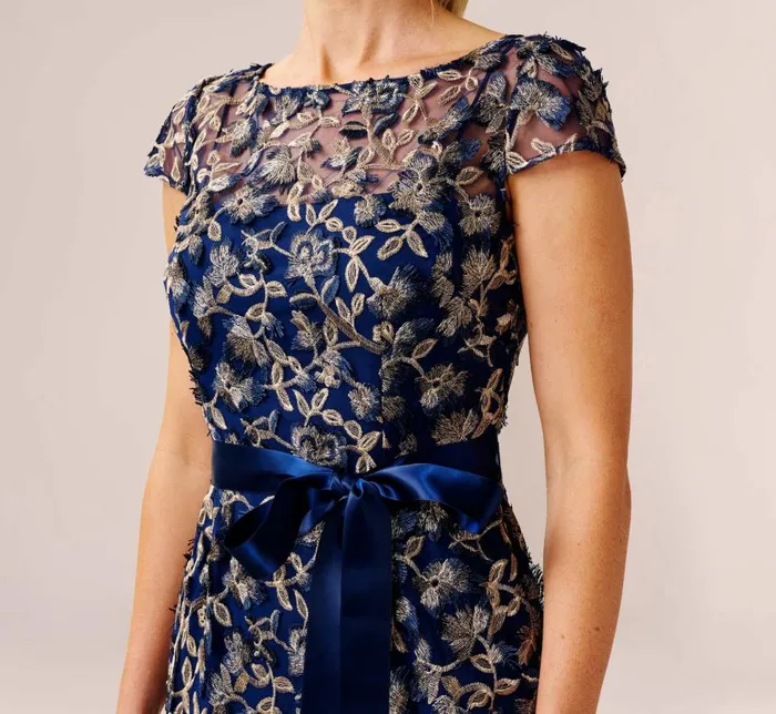 Long Dresses Womens Adrianna Papell 3D Metallic Floral Embroidered Mesh Column Gown In Navy Rosegold