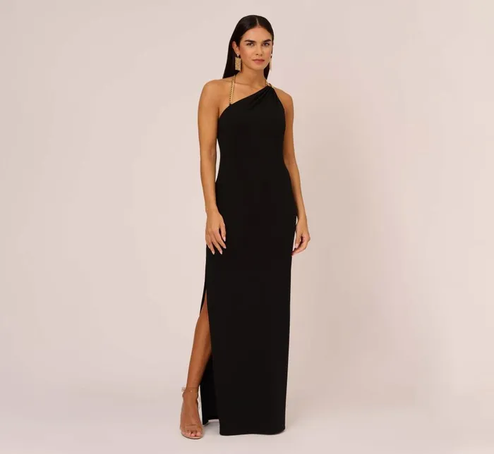 Long Dresses Womens Adrianna Papell Asymmetrical Crepe Column Gown With Chain Straps In Black Long Dresses Womens Adrianna Papell Asymmetrical Crepe Column Gown With Chain Straps In Black