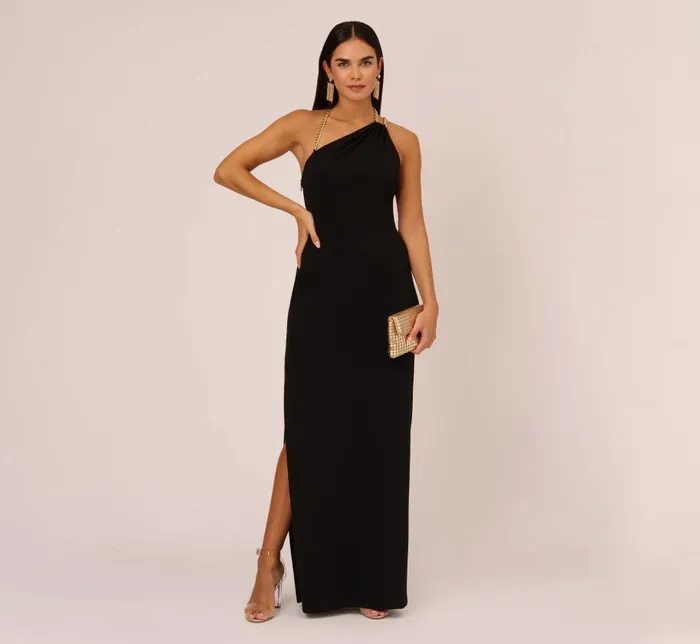 Long Dresses Womens Adrianna Papell Asymmetrical Crepe Column Gown With Chain Straps In Black