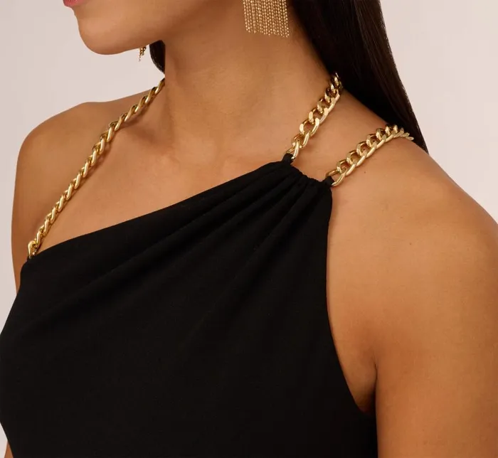 Long Dresses Womens Adrianna Papell Asymmetrical Crepe Column Gown With Chain Straps In Black