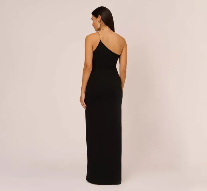 Long Dresses Womens Adrianna Papell Asymmetrical Crepe Column Gown With Chain Straps In Black
