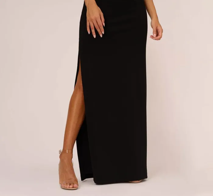 Long Dresses Womens Adrianna Papell Asymmetrical Crepe Column Gown With Chain Straps In Black