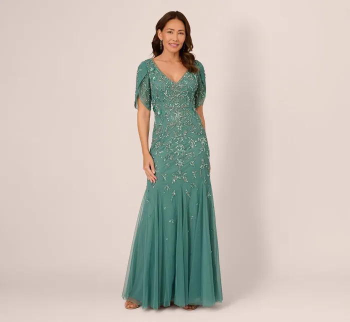 Long Dresses Womens Adrianna Papell Beaded Mermaid Gown With Sheer Petal Sleeves In Green Slate Long Dresses Womens Adrianna Papell Beaded Mermaid Gown With Sheer Petal Sleeves In Green Slate