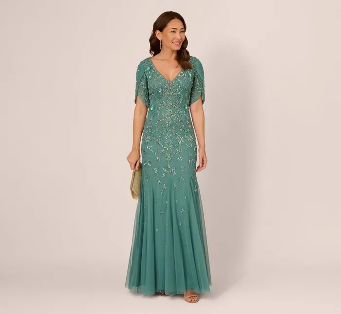 Long Dresses Womens Adrianna Papell Beaded Mermaid Gown With Sheer Petal Sleeves In Green Slate
