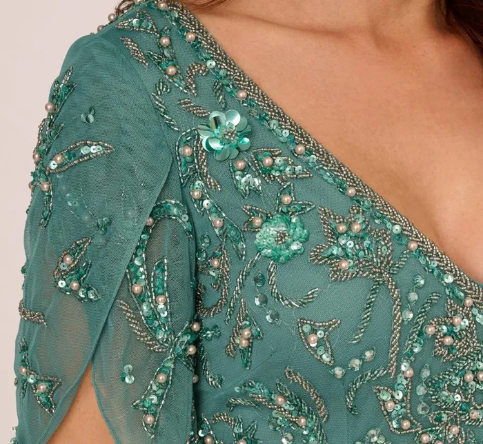 Long Dresses Womens Adrianna Papell Beaded Mermaid Gown With Sheer Petal Sleeves In Green Slate