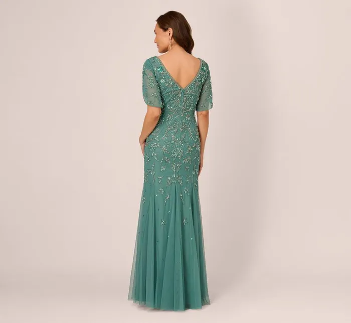 Long Dresses Womens Adrianna Papell Beaded Mermaid Gown With Sheer Petal Sleeves In Green Slate