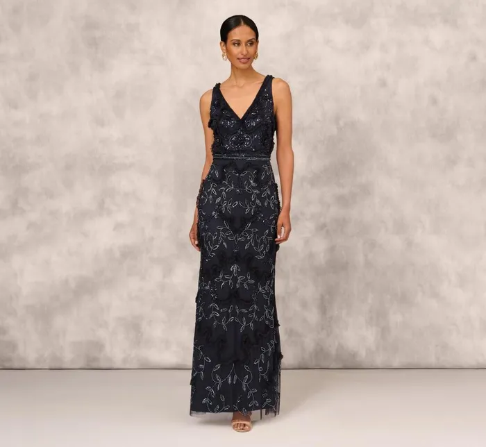 Long Dresses Womens Adrianna Papell Beaded Ruffle Sleeveless Gown With VNeck And Back In Twilight Long Dresses Womens Adrianna Papell Beaded Ruffle Sleeveless Gown With VNeck And Back In Twilight