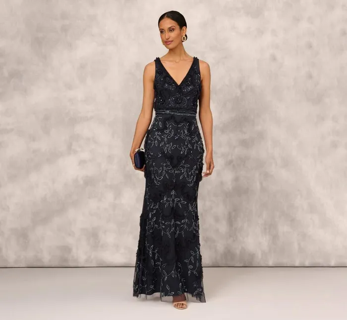 Long Dresses Womens Adrianna Papell Beaded Ruffle Sleeveless Gown With VNeck And Back In Twilight