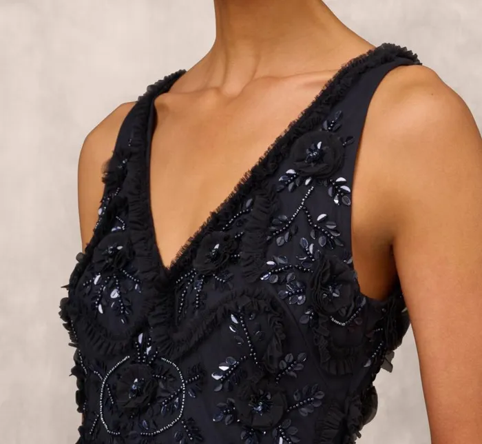 Long Dresses Womens Adrianna Papell Beaded Ruffle Sleeveless Gown With VNeck And Back In Twilight