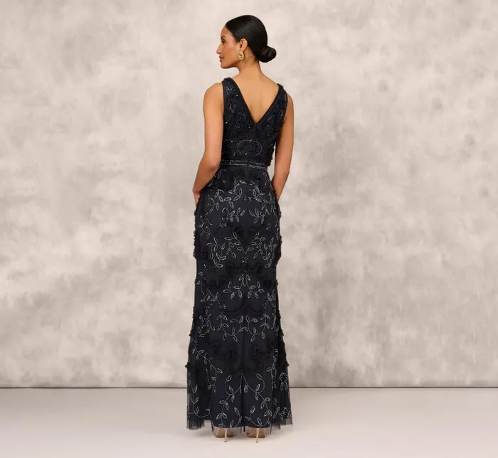 Long Dresses Womens Adrianna Papell Beaded Ruffle Sleeveless Gown With VNeck And Back In Twilight