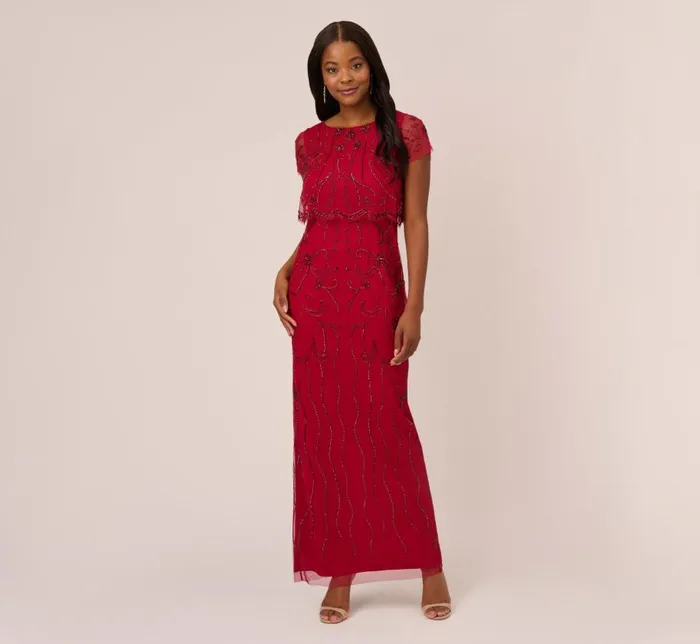 Long Dresses Womens Adrianna Papell Beaded Scalloped Popover Gown With Short Sleeves In Cranberry Long Dresses Womens Adrianna Papell Beaded Scalloped Popover Gown With Short Sleeves In Cranberry