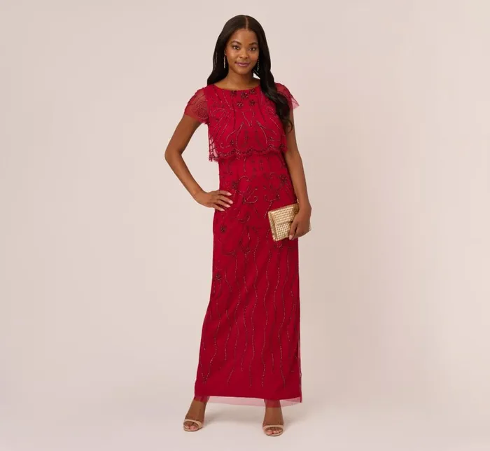 Long Dresses Womens Adrianna Papell Beaded Scalloped Popover Gown With Short Sleeves In Cranberry