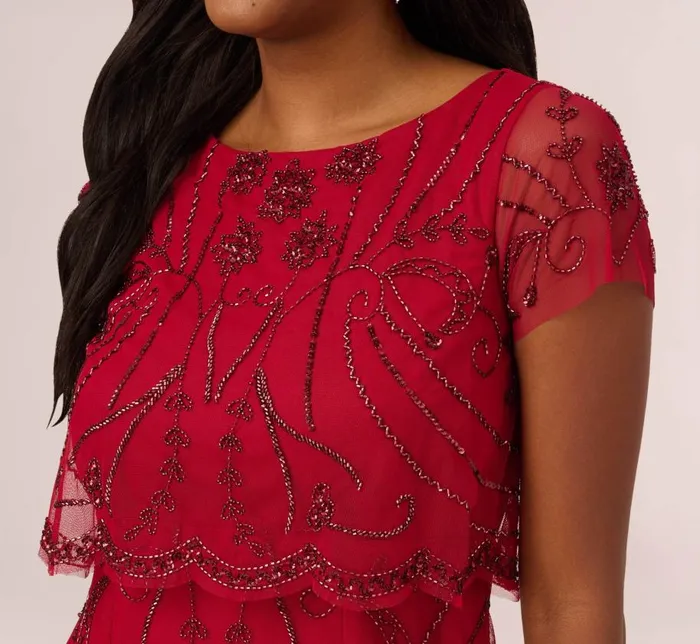 Long Dresses Womens Adrianna Papell Beaded Scalloped Popover Gown With Short Sleeves In Cranberry