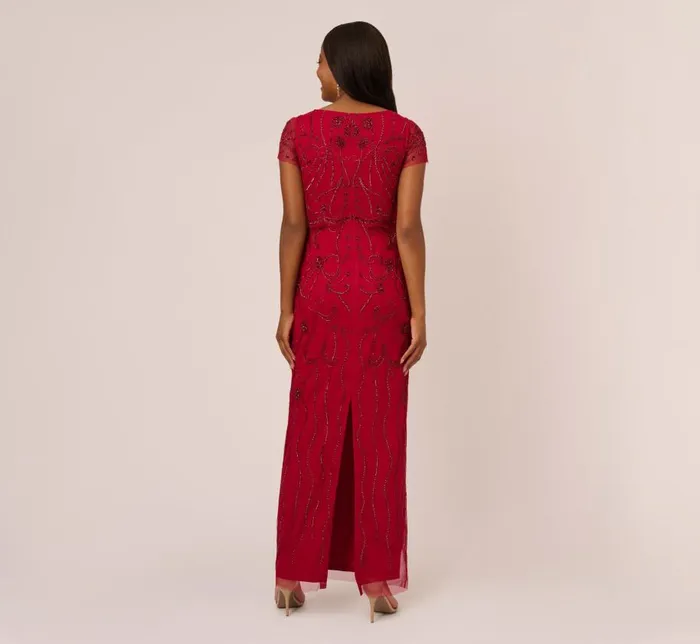 Long Dresses Womens Adrianna Papell Beaded Scalloped Popover Gown With Short Sleeves In Cranberry