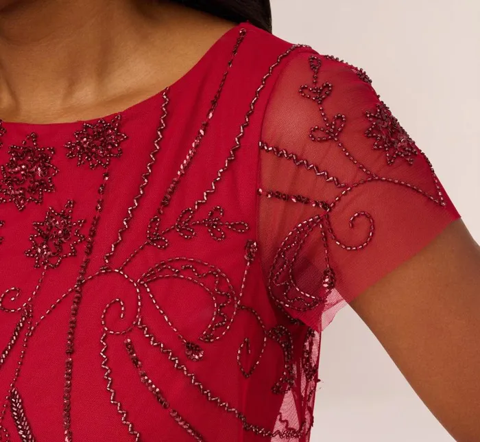 Long Dresses Womens Adrianna Papell Beaded Scalloped Popover Gown With Short Sleeves In Cranberry